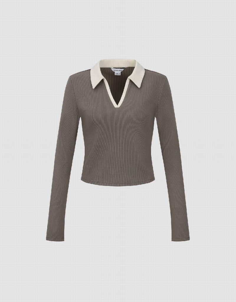 Camiseta Urban Revivo Flaco De Punto With Collar Mujer Marrom | REE6078AY