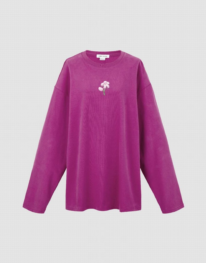 Camiseta Urban Revivo Flower Embossed Crew Neck Loose Mujer Morados | VSK8643AA