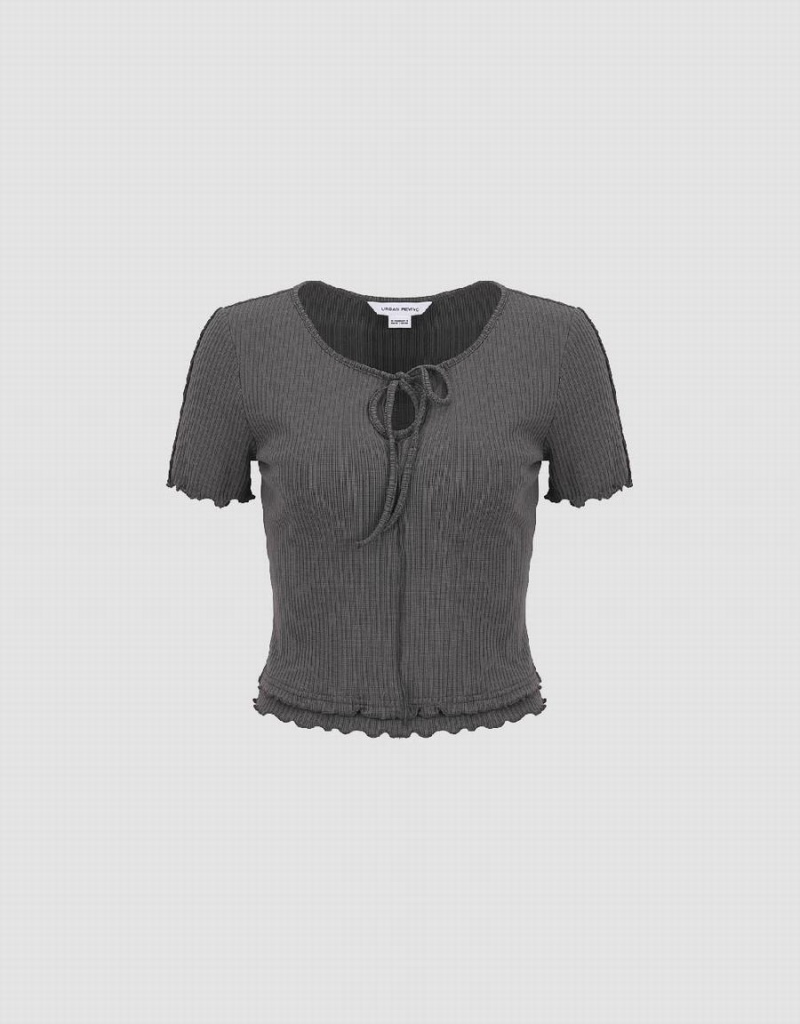 Camiseta Urban Revivo Frill Trim Tie Front De Punto Mujer Grises | WVF7547AR