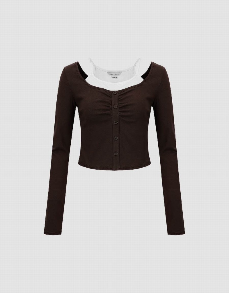 Camiseta Urban Revivo Halter Neck 2 In 1 Flaco Mujer Marrom | JAN9635UQ
