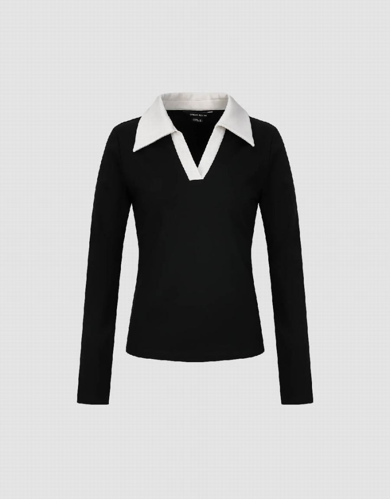 Camiseta Urban Revivo Lapel Flaco De Punto Mujer Negros | NOT7473JA