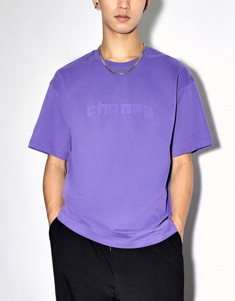 Camiseta Urban Revivo Letter Embossed Crew Neck Hombre Morados | AOW9141YF