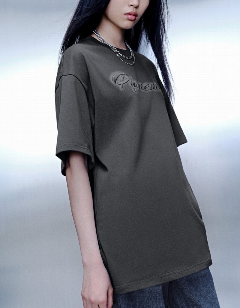 Camiseta Urban Revivo Letter Embossed Crew Neck Loose Mujer Grises | QWO3287QD