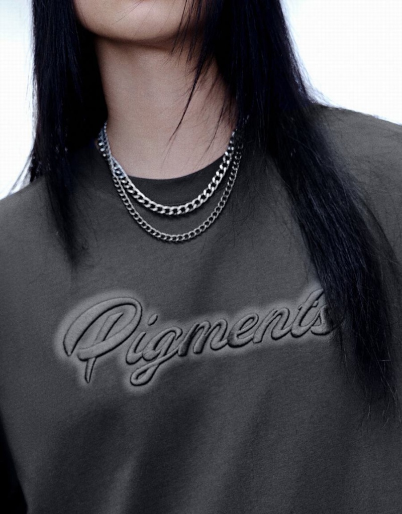 Camiseta Urban Revivo Letter Embossed Crew Neck Loose Mujer Grises | QWO3287QD