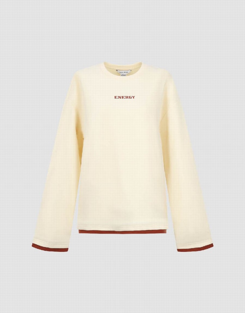 Camiseta Urban Revivo Letter Embossed Crew Neck Loose Mujer Blancos | ZAM8687HR