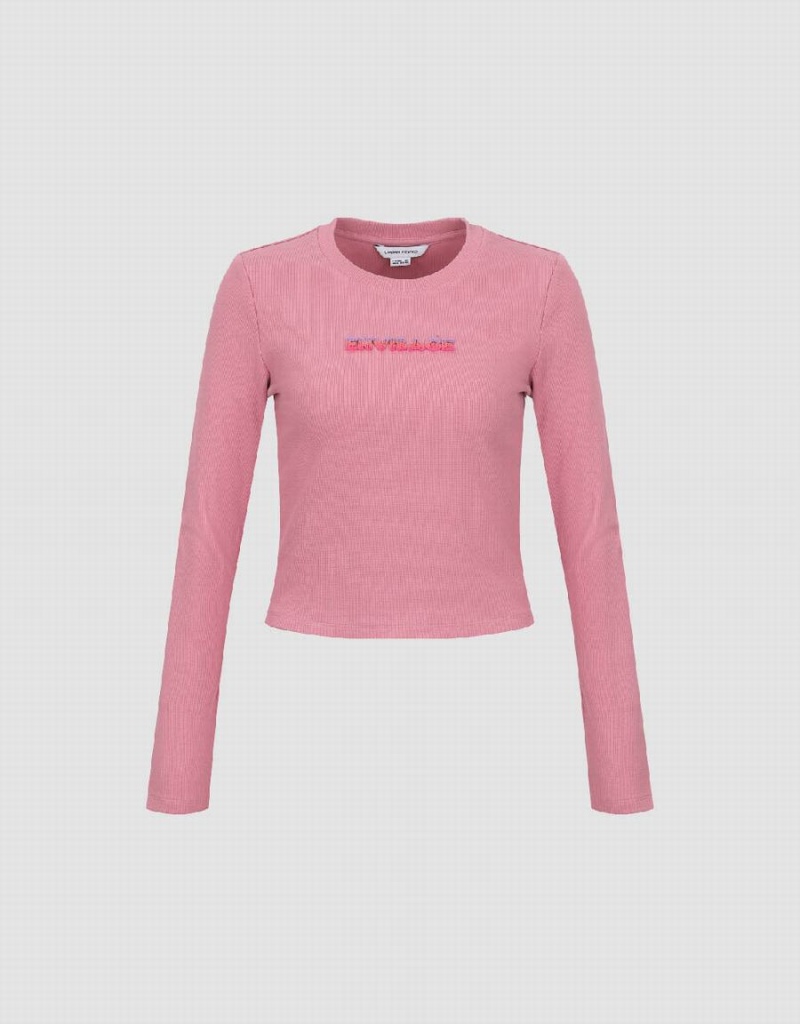 Camiseta Urban Revivo Letter Embossed Crew Neck De Punto Mujer Rosas | LWN4548MD