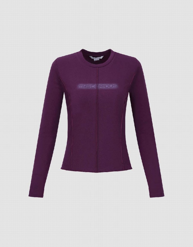 Camiseta Urban Revivo Letter Printed Crew Neck Flaco Mujer Morados | XGP10010PT