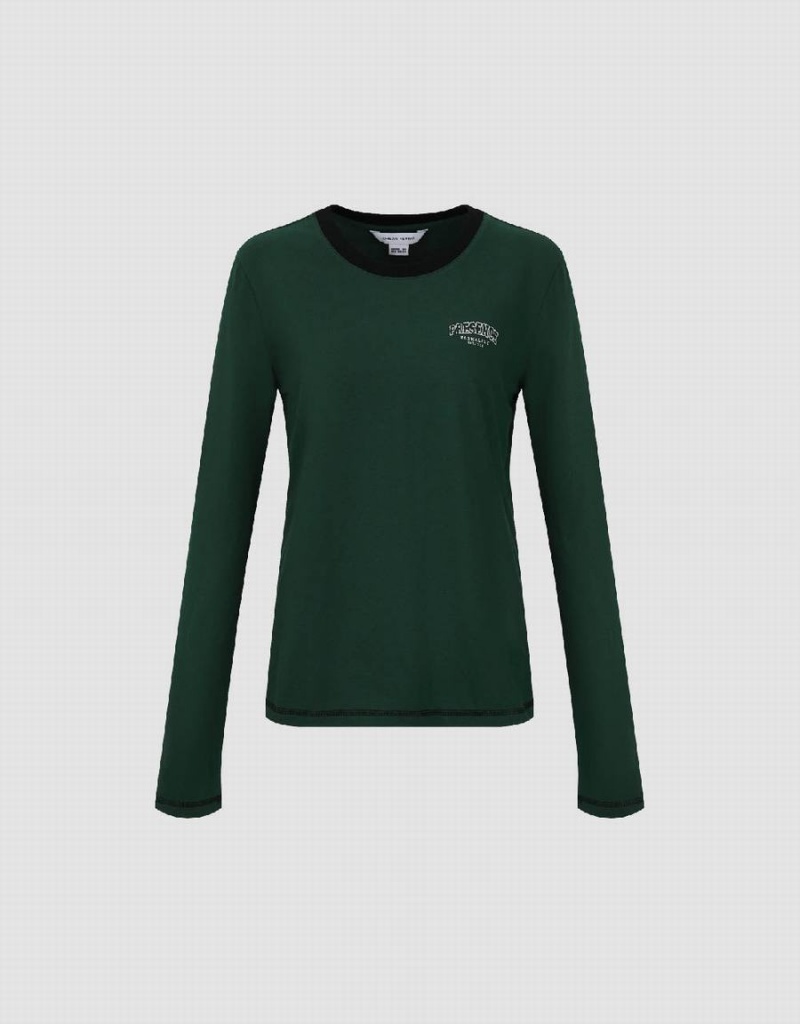 Camiseta Urban Revivo Letter Printed Crew Neck Directo Mujer Verdes | XUN4047DW