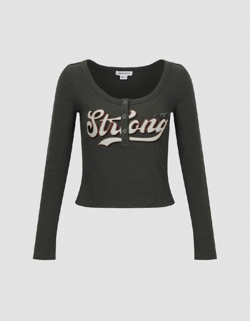 Camiseta Urban Revivo Letter Printed Crew Neck Flaco Mujer Grises Oscuro | DRS9771LC