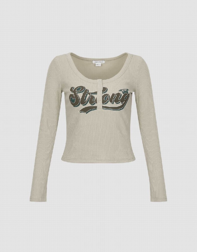 Camiseta Urban Revivo Letter Printed Crew Neck Flaco Mujer Kaki | XPM2579MX
