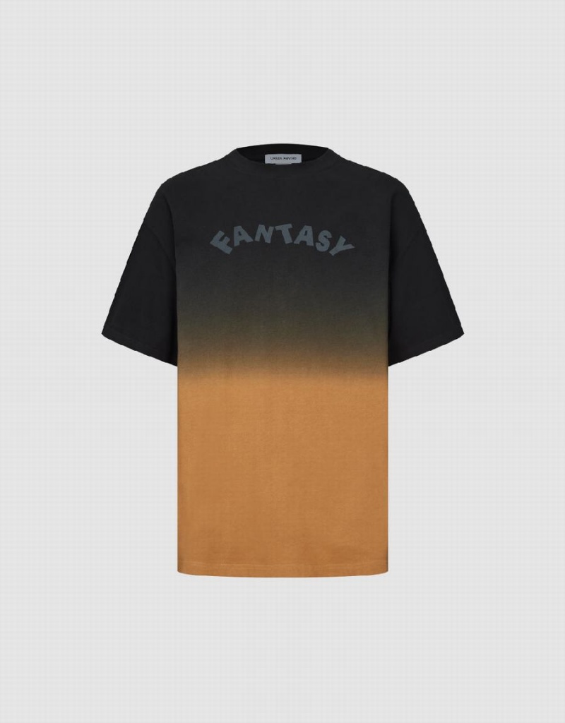 Camiseta Urban Revivo Letter Printed Crew Neck Hombre Negros Naranjas | DBK82GF