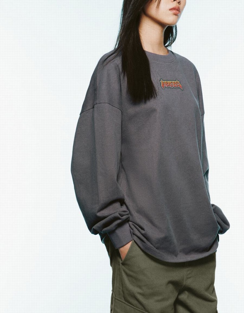 Camiseta Urban Revivo Letter Printed Crew Neck Loose Mujer Grises | LID8570DR