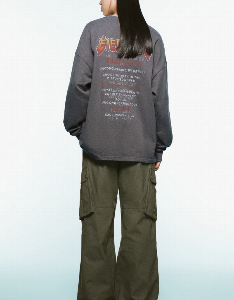Camiseta Urban Revivo Letter Printed Crew Neck Loose Mujer Grises | LID8570DR