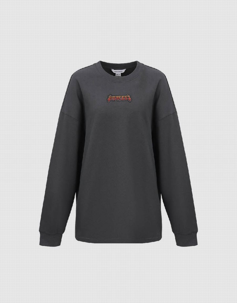 Camiseta Urban Revivo Letter Printed Crew Neck Loose Mujer Grises | LID8570DR