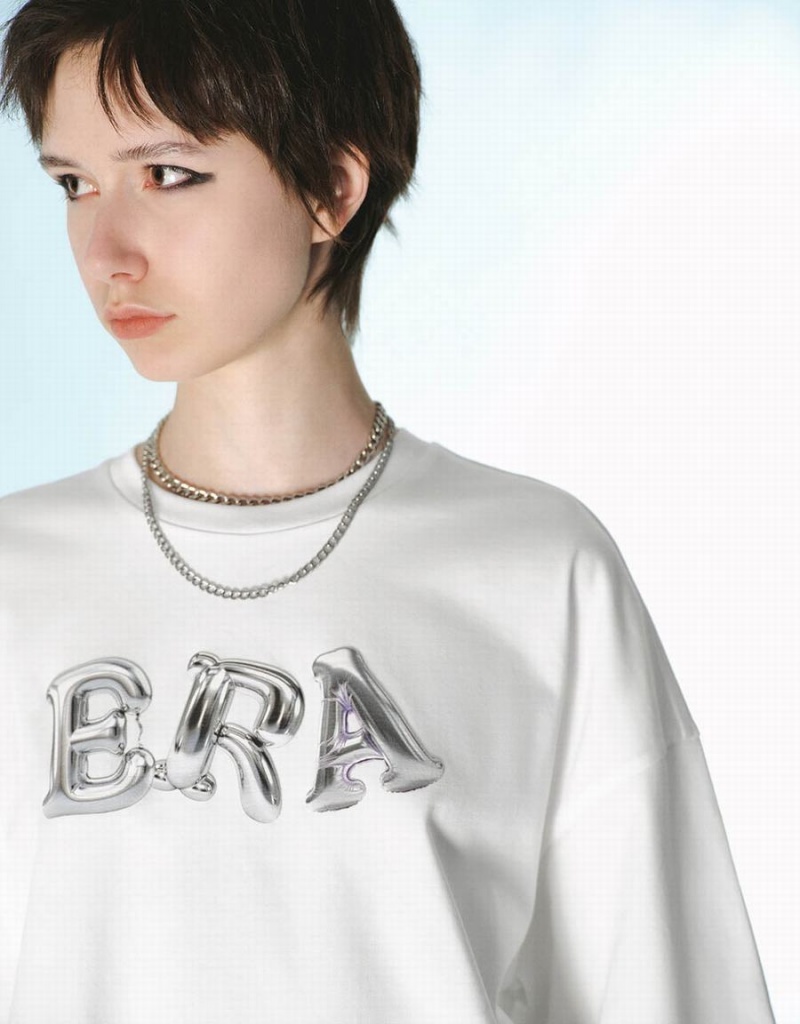 Camiseta Urban Revivo Letter Printed Crew Neck Loose Mujer Blancos | VIU1230PN