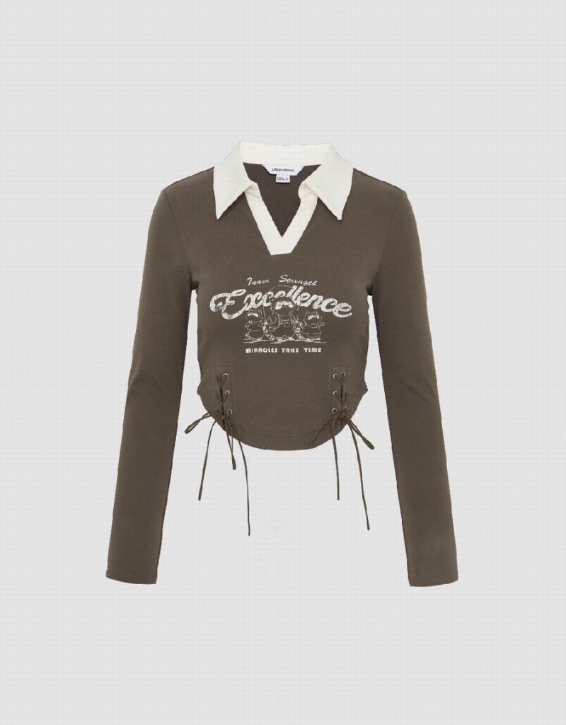 Camiseta Urban Revivo Letter Printed Flaco Mujer Marrom Oscuro | QYI319IC