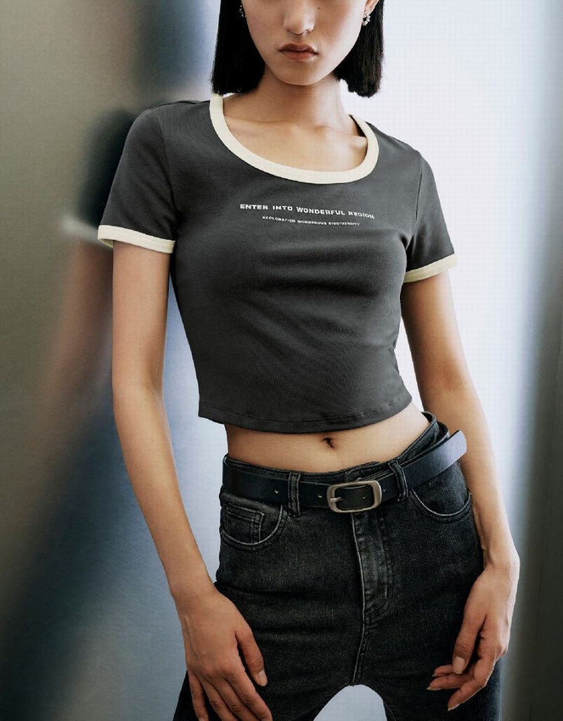 Camiseta Urban Revivo Letter Printed U Neck Mujer Grises | KAL9945TA