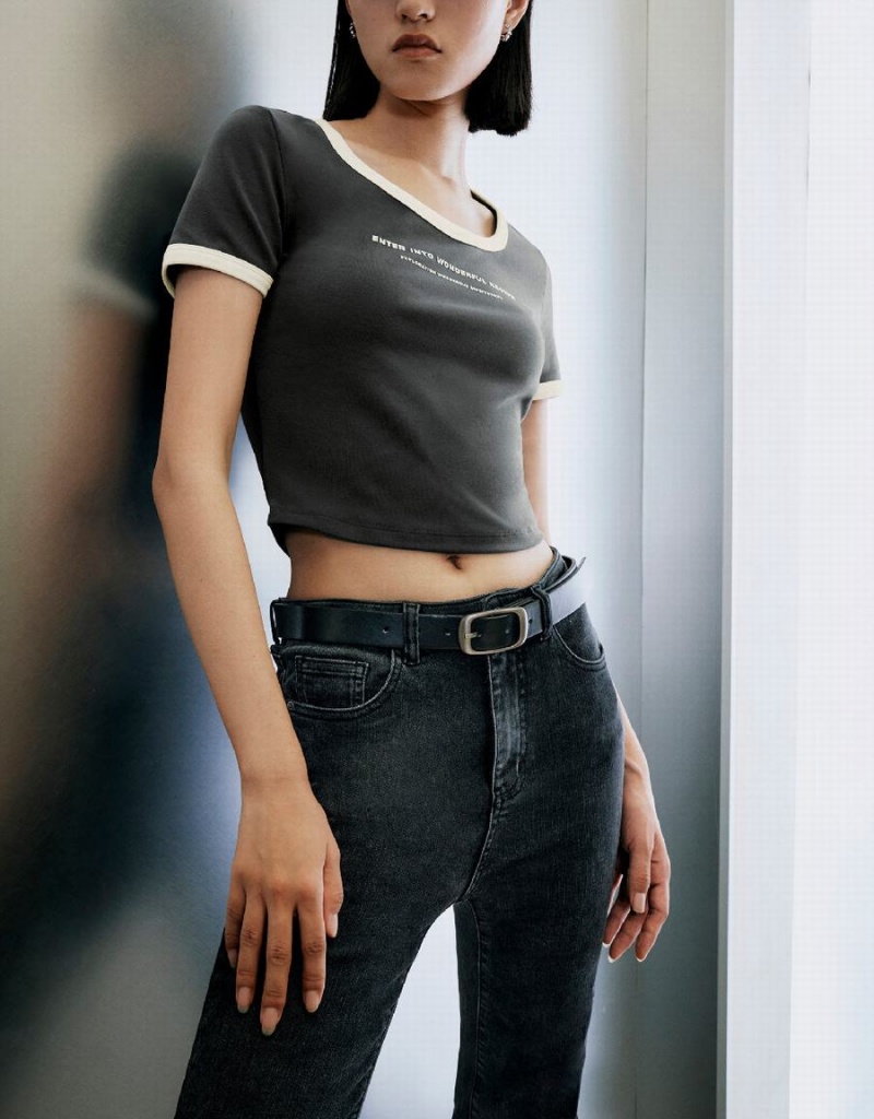 Camiseta Urban Revivo Letter Printed U Neck Mujer Grises | KAL9945TA