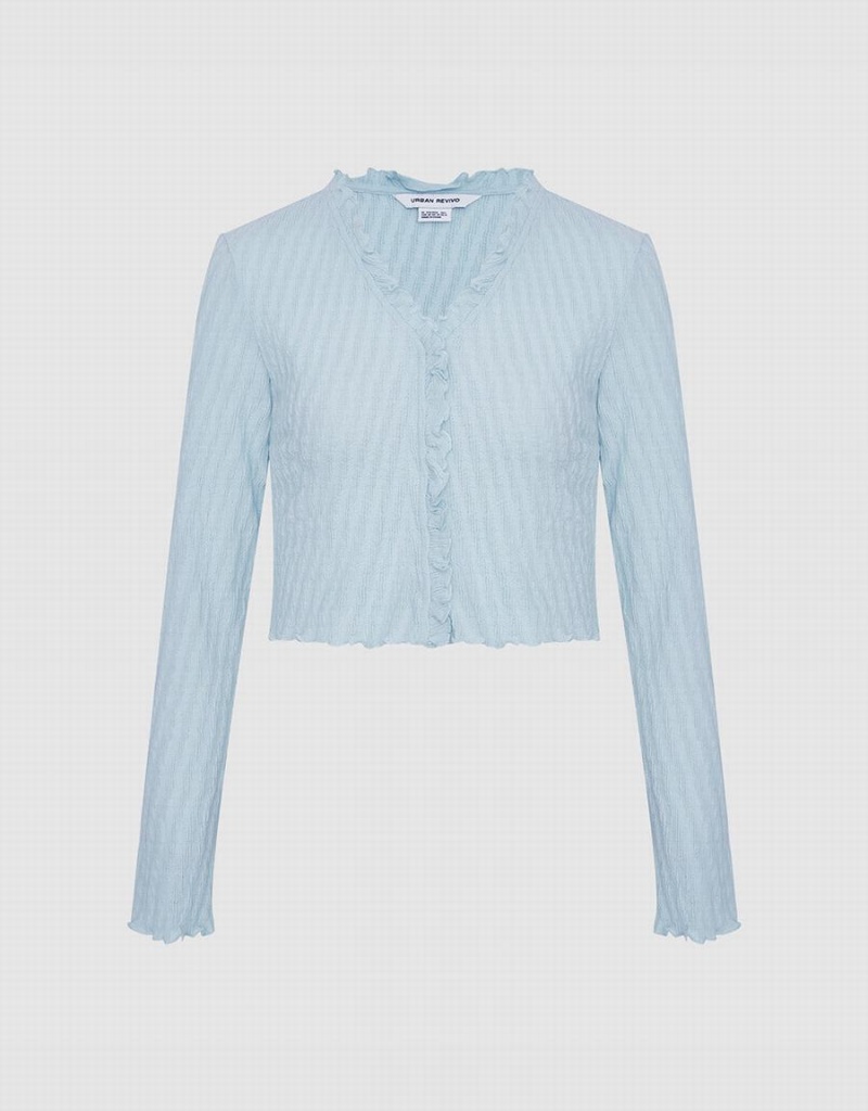 Camiseta Urban Revivo Lettuce Edge Textured Mujer Azules | YZA2548LZ