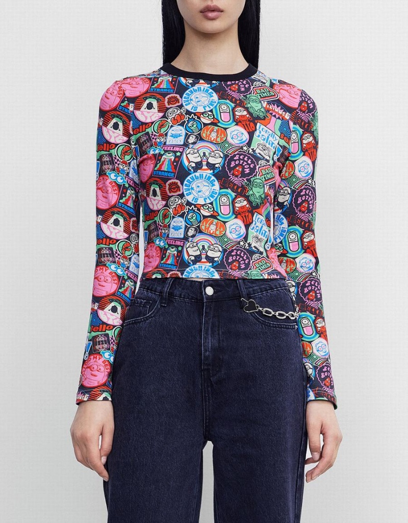 Camiseta Urban Revivo Minions Long Sleeve Print Mujer Grises | BOW4269AH