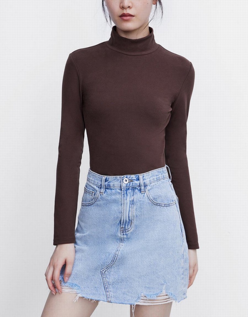 Camiseta Urban Revivo Mock Neck De Punto Flaco Mujer Marrom | JAW10027ZL