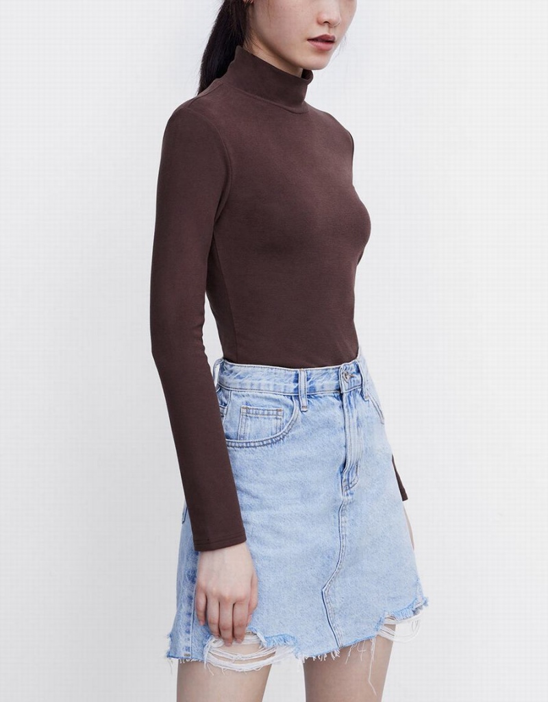 Camiseta Urban Revivo Mock Neck De Punto Flaco Mujer Marrom | JAW10027ZL