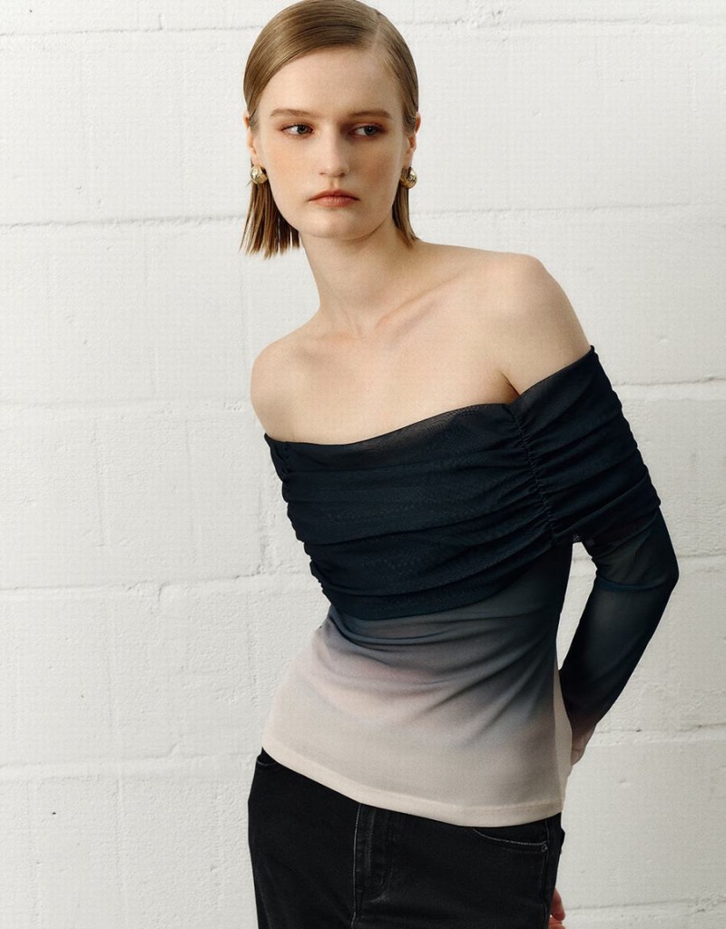 Camiseta Urban Revivo Off-Shoulder Flaco Mujer Grises | DKM9414VV