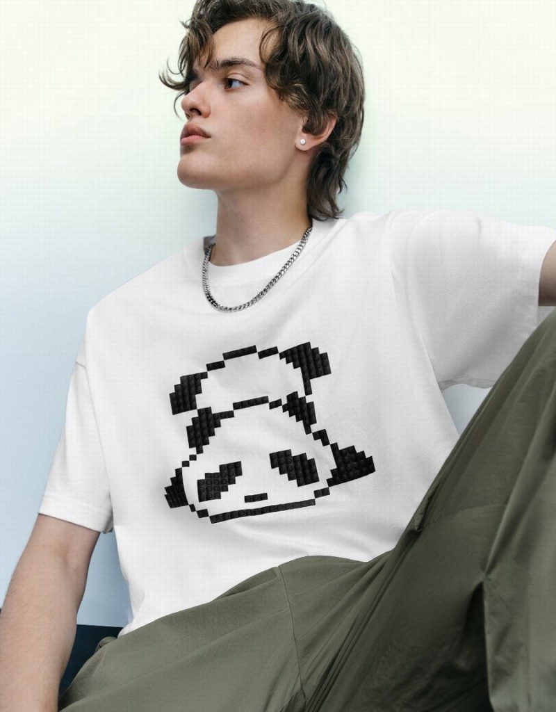 Camiseta Urban Revivo Panda Printed Crew Neck Hombre Blancos | EIE4131LZ