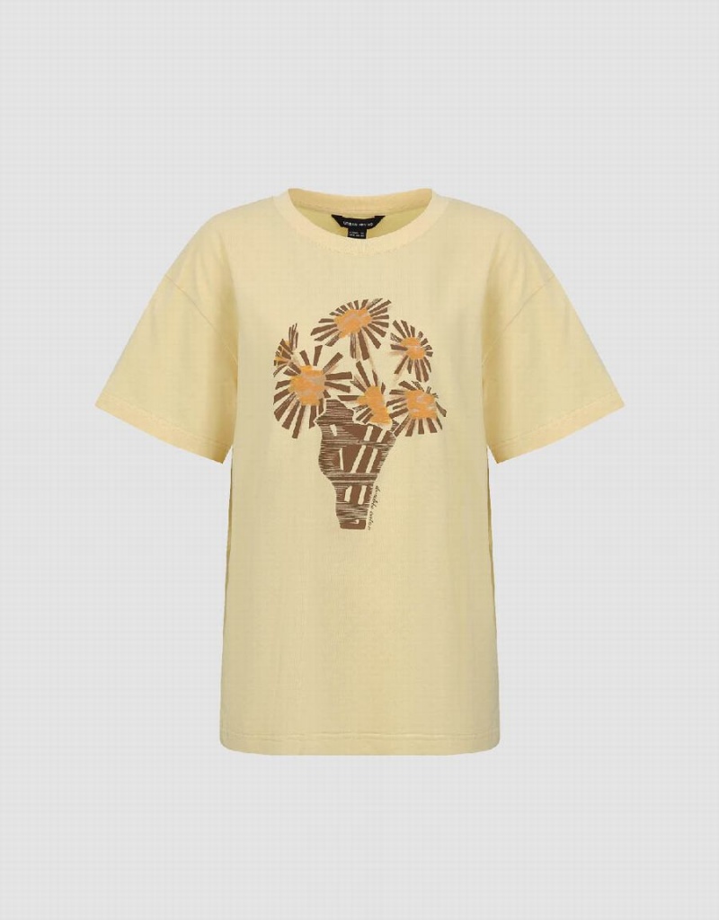 Camiseta Urban Revivo Printed Crew Neck Directo Mujer Beige | EOG5919SW