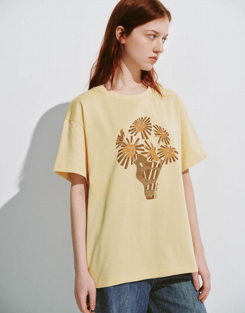 Camiseta Urban Revivo Printed Crew Neck Directo Mujer Beige | EOG5919SW