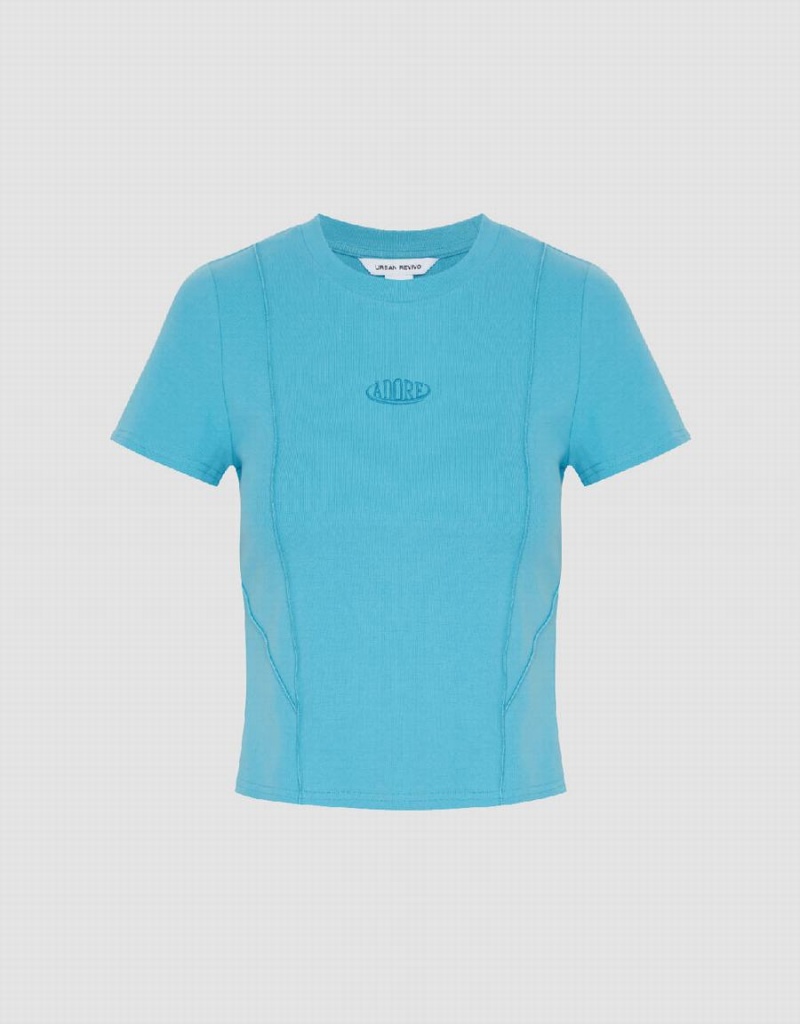 Camiseta Urban Revivo Printed Crew Neck Flaco Mujer Azules | GFW7368EB