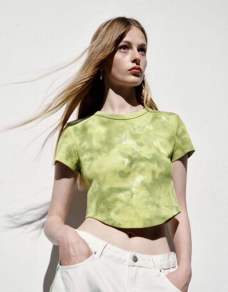 Camiseta Urban Revivo Printed Crew Neck Flaco Mujer Verdes | RRN6519EO