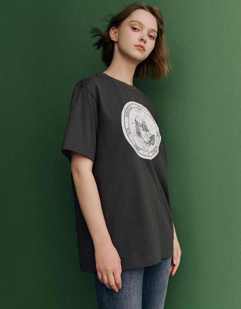 Camiseta Urban Revivo Printed Crew Neck Loose Mujer Grises Oscuro | IHT6064YO