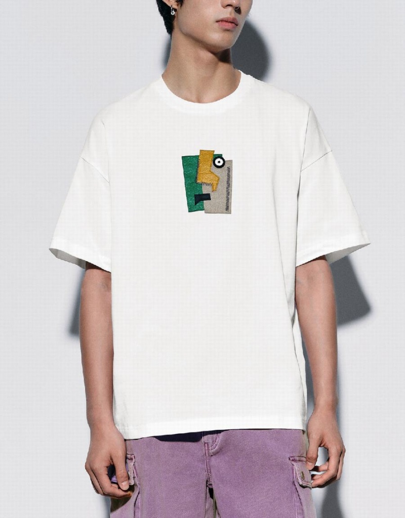 Camiseta Urban Revivo Printed Crew Neck Hombre Blancos | PFP2816EI