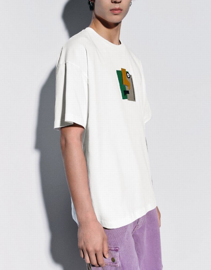 Camiseta Urban Revivo Printed Crew Neck Hombre Blancos | PFP2816EI