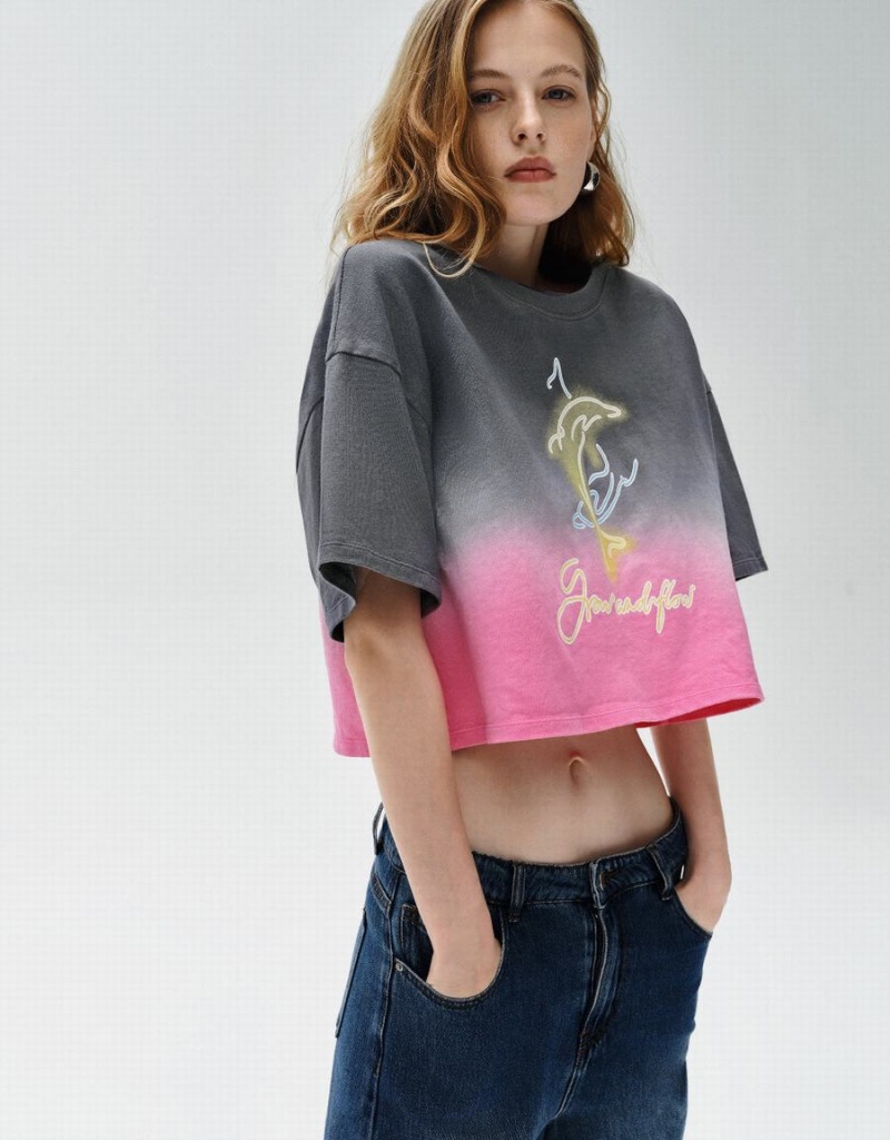 Camiseta Urban Revivo Printed Crew Neck Loose Mujer Grises Rosas | VLJ4437RN