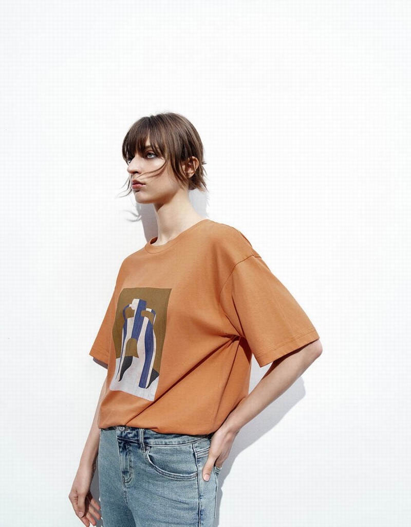 Camiseta Urban Revivo Printed Loose Mujer Naranjas | RNH2697EO