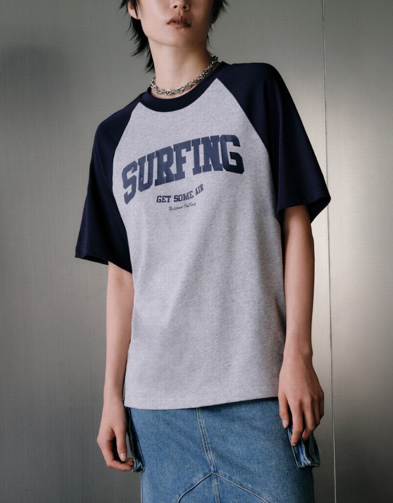 Camiseta Urban Revivo Printed Raglan Sleeve Mujer Grises | GNW7184KC