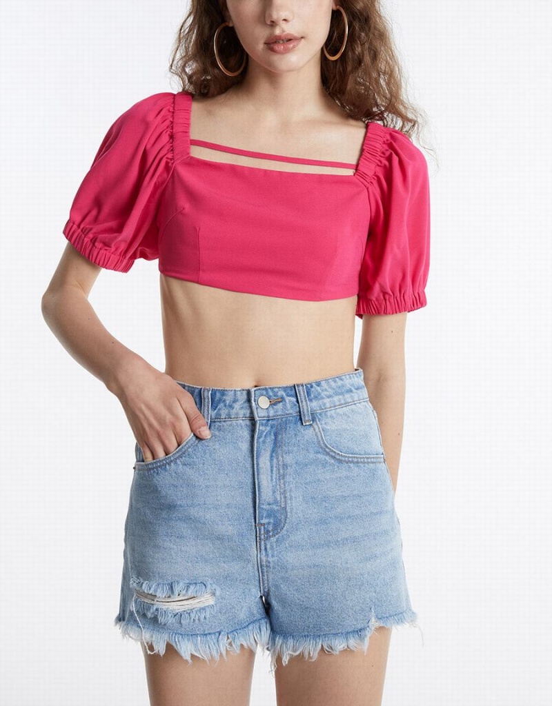 Camiseta Urban Revivo Puff Sleeve Crop Top Mujer Rojos | YDZ5913JB