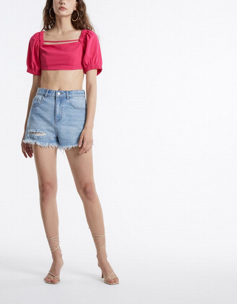 Camiseta Urban Revivo Puff Sleeve Crop Top Mujer Rojos | YDZ5913JB