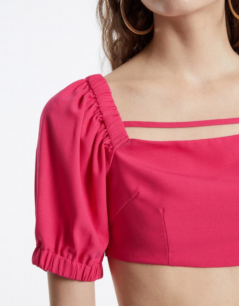 Camiseta Urban Revivo Puff Sleeve Crop Top Mujer Rojos | YDZ5913JB