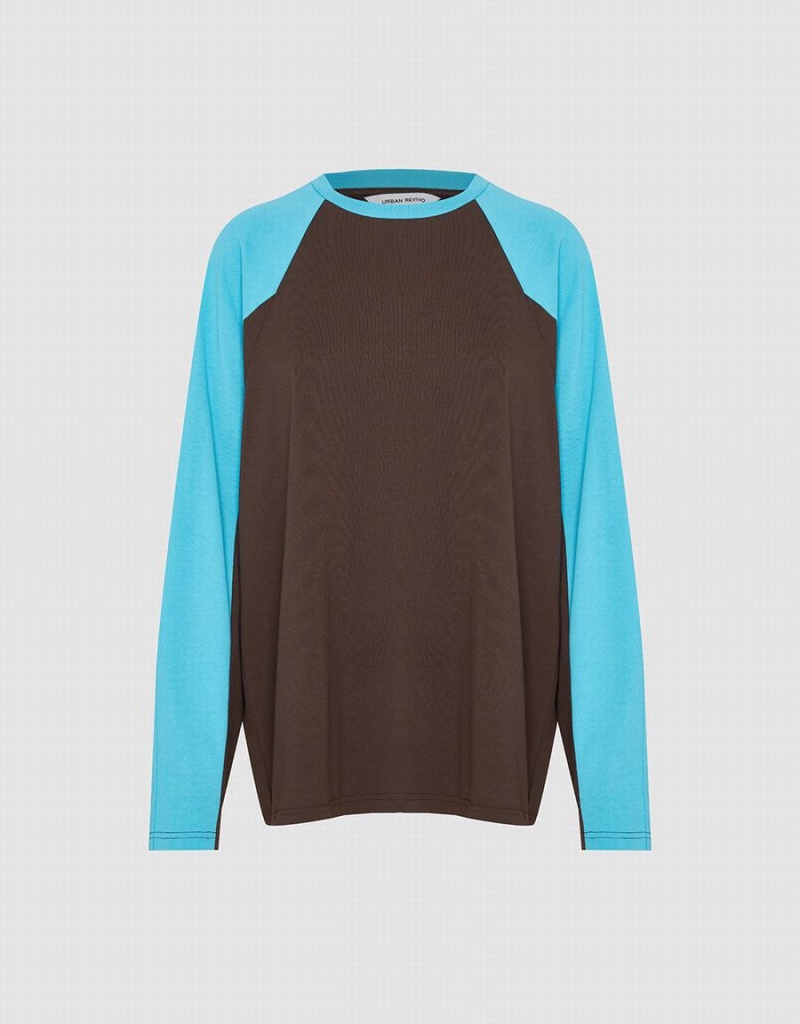 Camiseta Urban Revivo Raglan Sleeve Crew Neck Loose Mujer Marrom | JOV3926IM