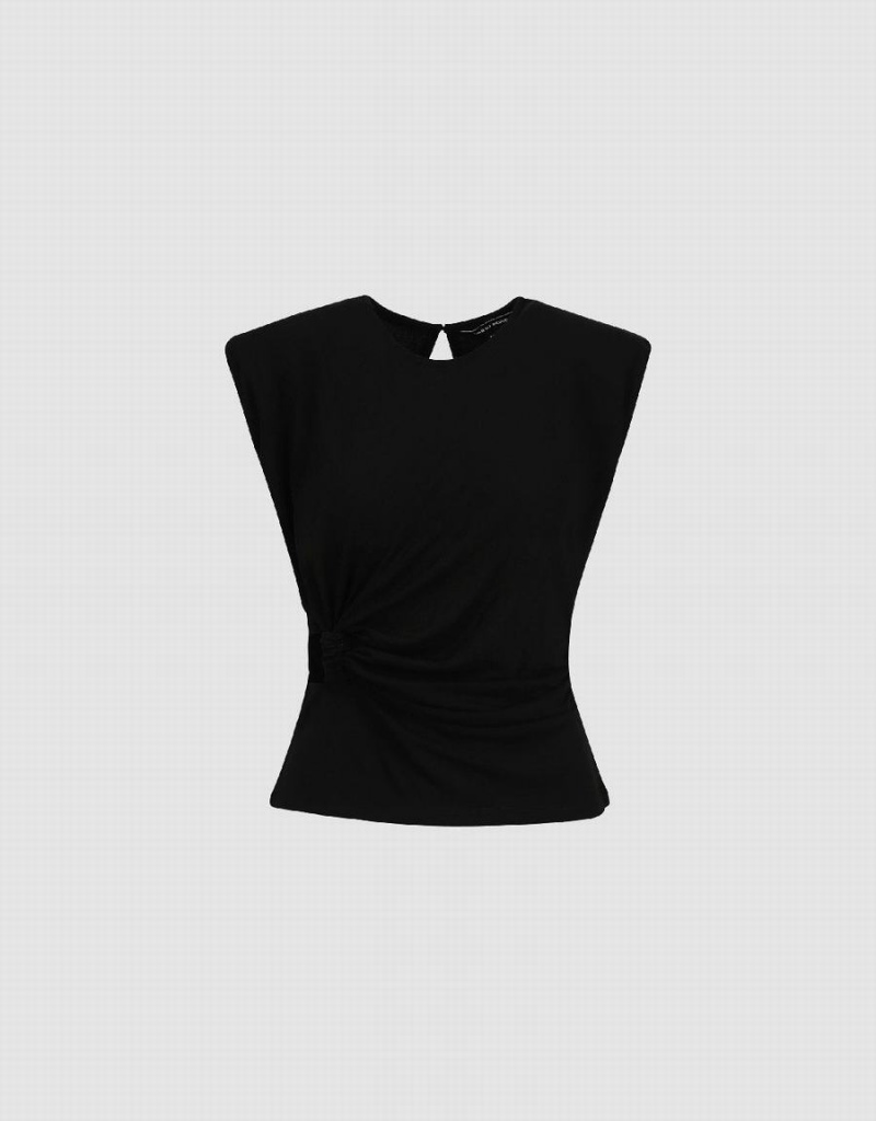 Camiseta Urban Revivo Ruched Crew Neck Mujer Negros | DUC9448PQ