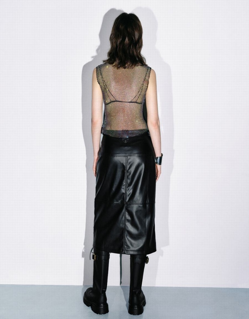 Camiseta Urban Revivo Sheer Crew Neck Mujer Negros | FAE6267GQ