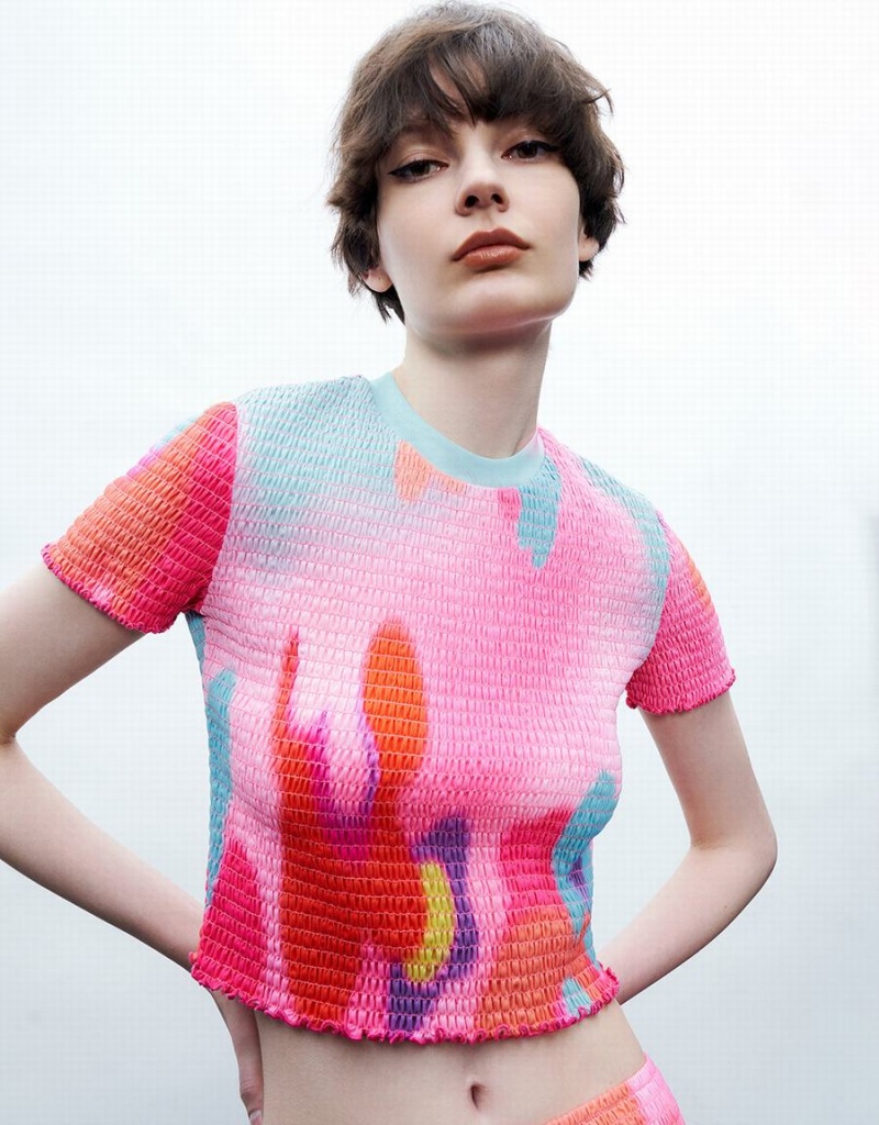 Camiseta Urban Revivo Shirred Crew Neck Flaco Mujer Rosas Multicolor | VLT5247DF