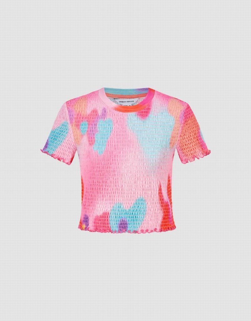 Camiseta Urban Revivo Shirred Crew Neck Flaco Mujer Rosas Multicolor | VLT5247DF