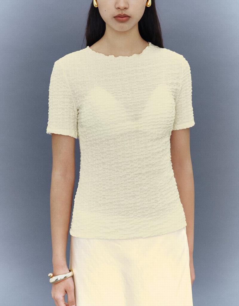Camiseta Urban Revivo Shirred Crew Neck Flaco Mujer Blancos | FZR8729VW