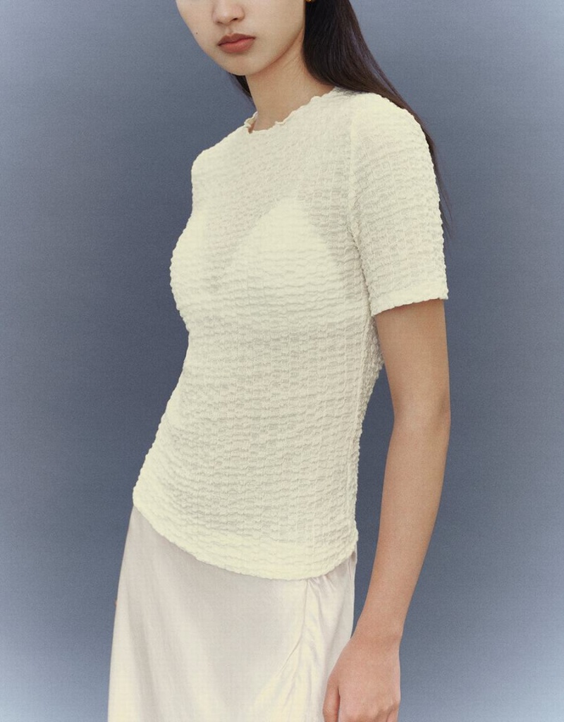 Camiseta Urban Revivo Shirred Crew Neck Flaco Mujer Blancos | FZR8729VW