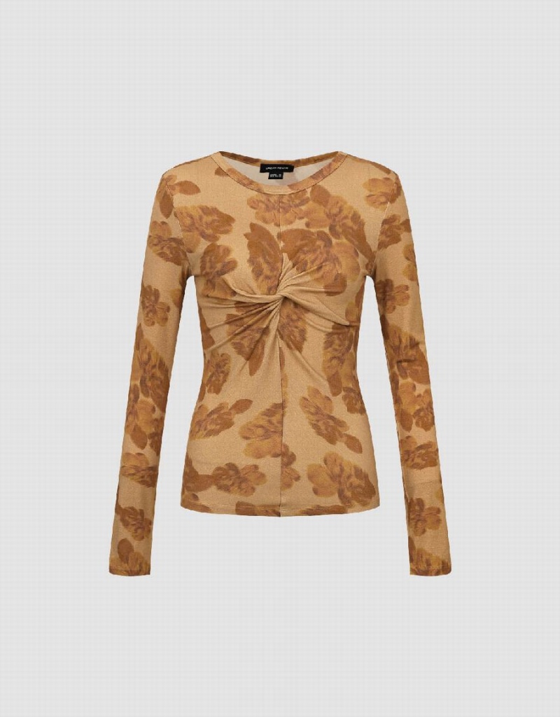 Camiseta Urban Revivo Twist Front Printed Flaco Mujer Marrom | AFL7398EM
