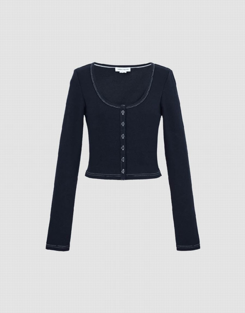 Camiseta Urban Revivo U Neck Flaco Mujer Azules | BEZ2894VM